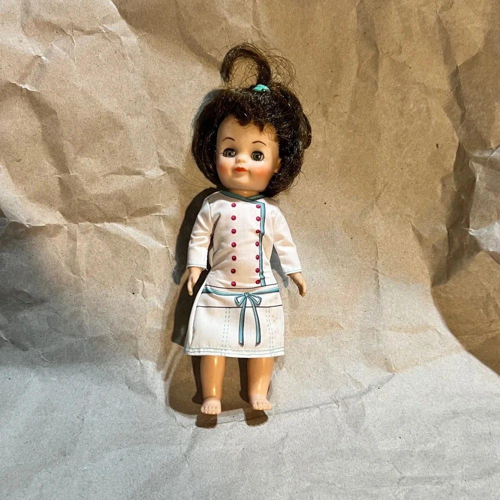 Vintage 8 Inch Brunette Doll White Chef Dress Pink Buttons Sleep Eyes Retro